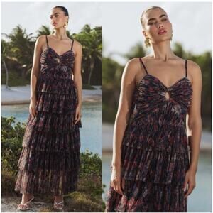 Hutch Women's Floral Tulle Tiered Dress Evening Gown Navy Garden Size 8 NWT